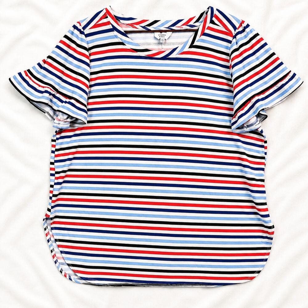 Crown & Ivy Women’s XL Top Red White Blue Striped with Ruffle Sleeves